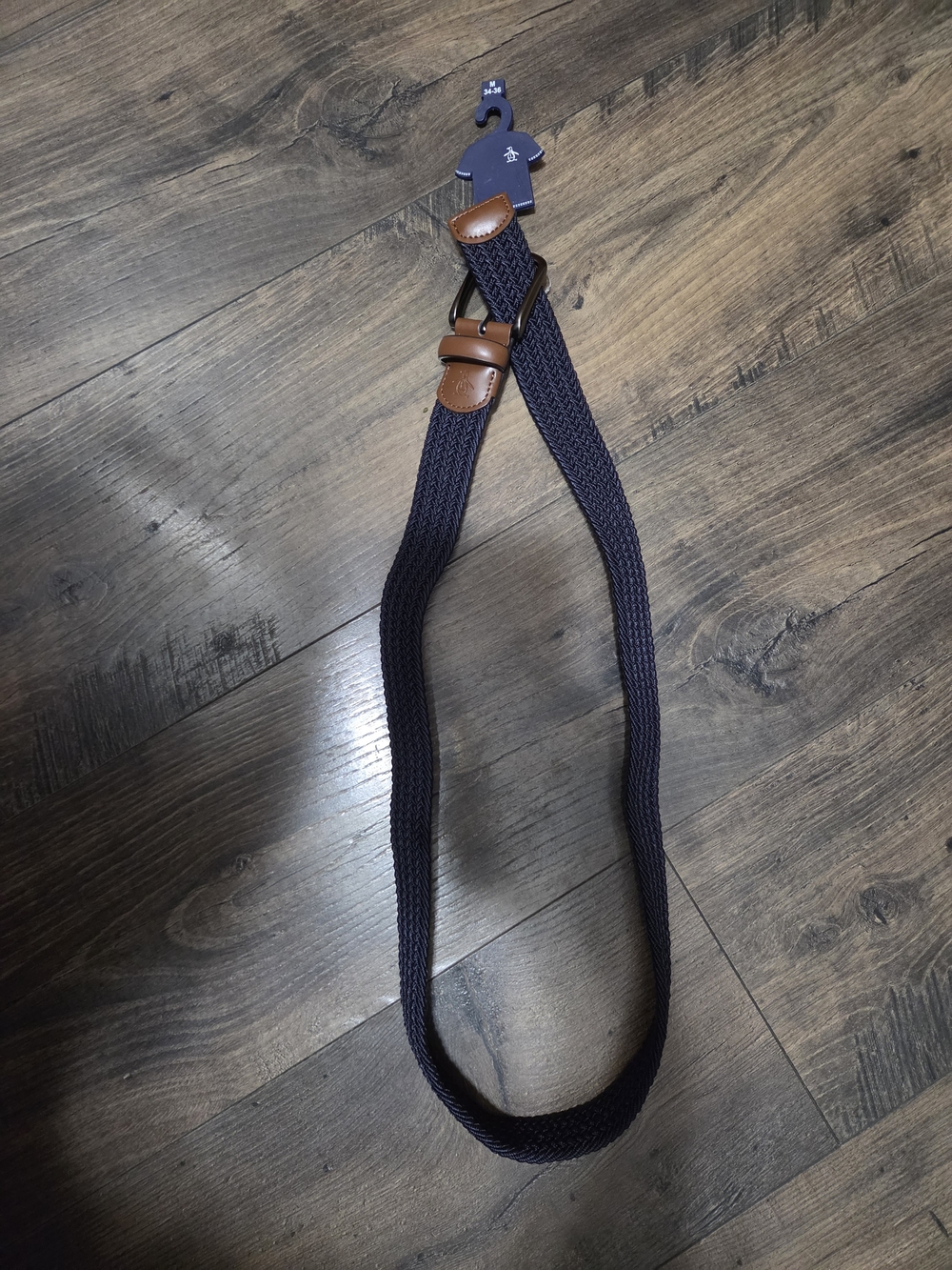 Original Penguin Navy Woven Belt with Brown Leather Accents